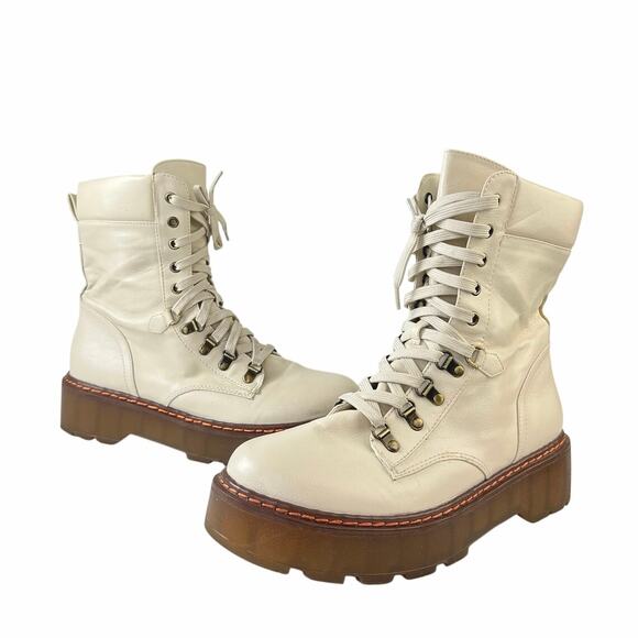 Sam Edelman Circus Sanders Ivory White Leather Round Toe Lace Up Combat Boots 11 - Picture 8 of 8